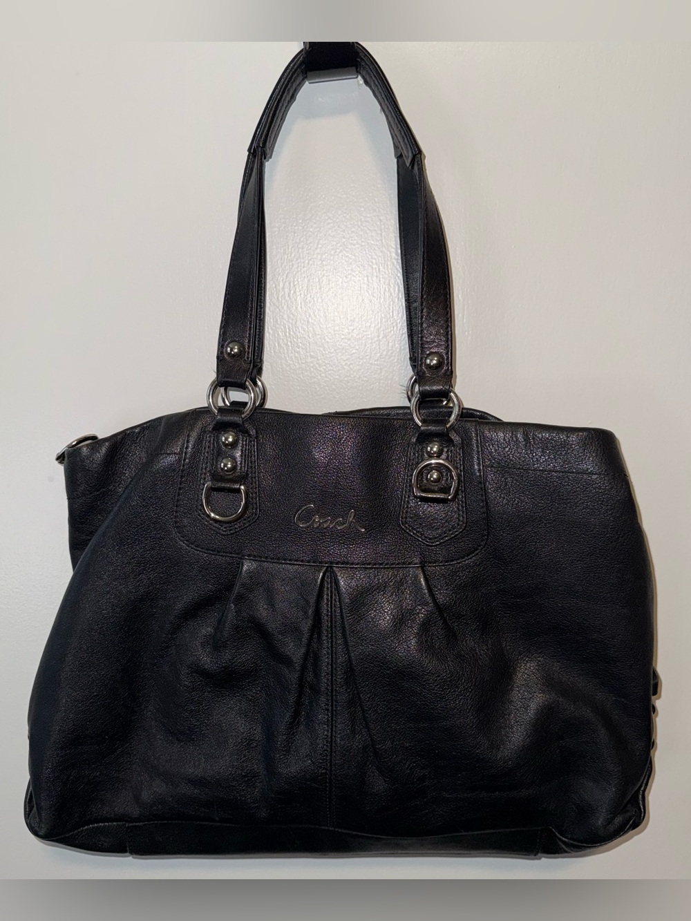 Coach Black Leather Shoulder Tote with Silver Hardware